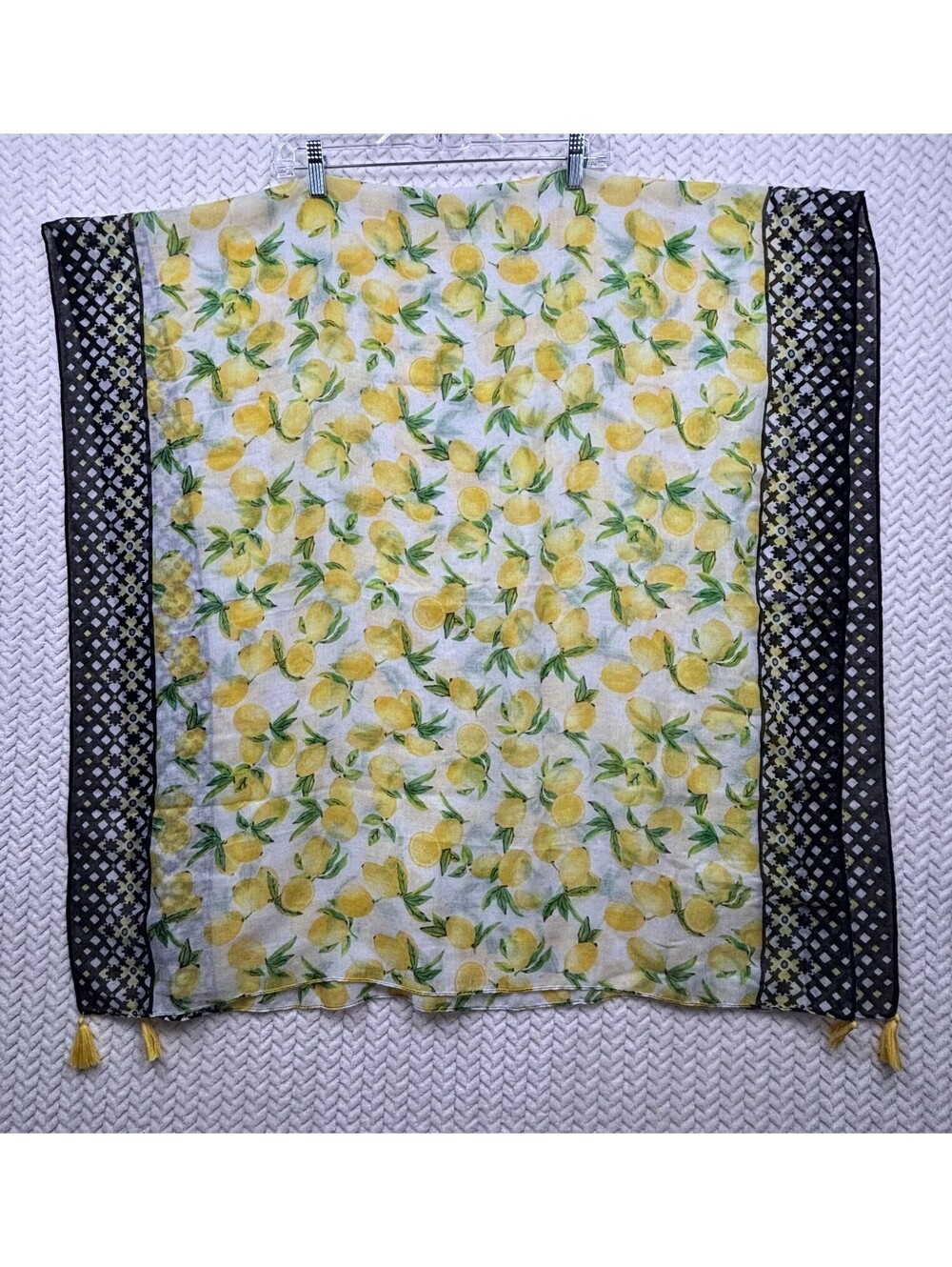 Lightweight Lemon Print Scarf with Black Border and Tassels